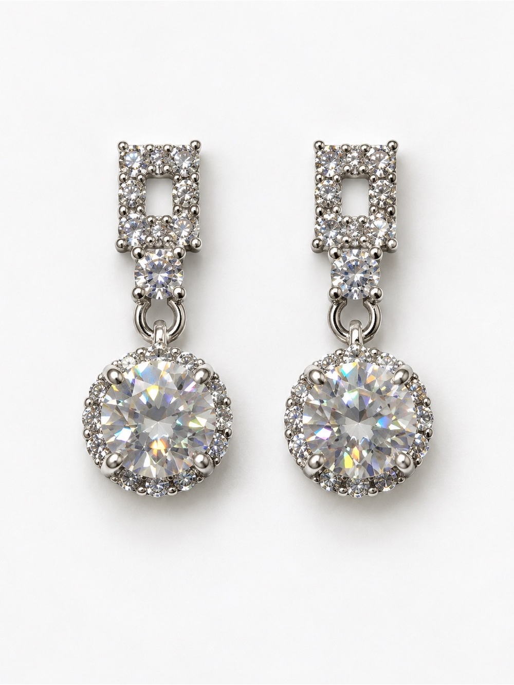 Silver Crystal Halo Drop Earrings - Elegant Sparkle